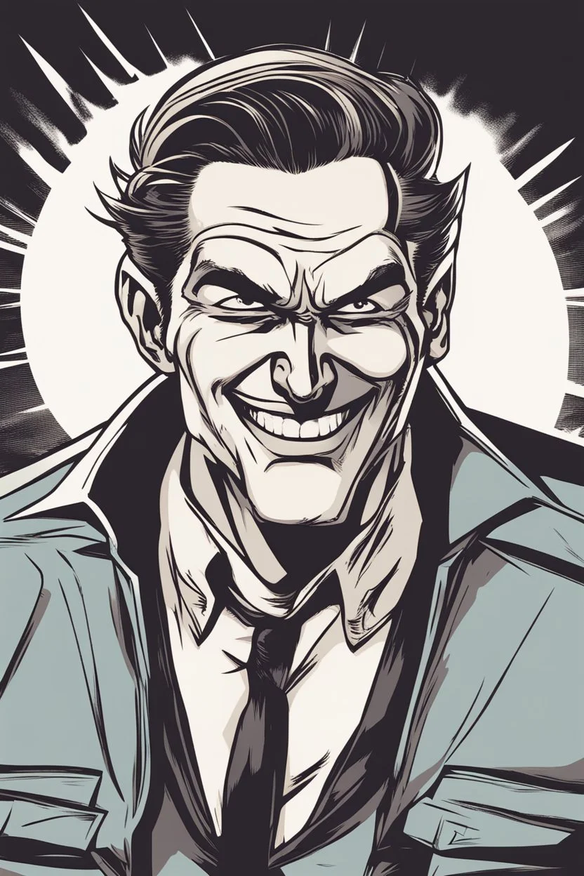 deranged grinning man with slicked back hair and stubble comic book style