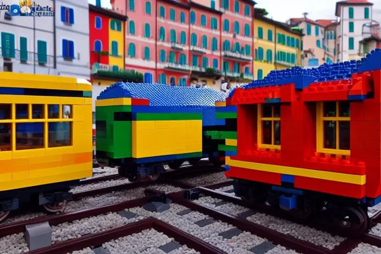 Lego close up Train in lego riomaggiore italy sea town lego