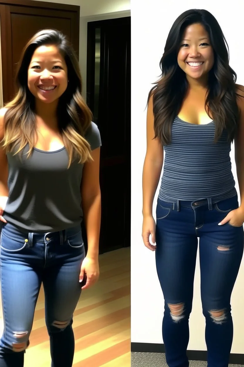 Gina Rodriguez at 0% transformation exhibits a casual appearance with average physique. She wears standard jeans and a T-shirt. Her hair is dark, and her complexion is ordinary. Gina stands at an average height with typical body proportions. No notable curves or distinct facial features. Body: Average, Ordinary, Casual, Standard, Typical Hair: Dark, Average Outfit: Jeans, T-shirt Height: Average Physique: Standard Facial Features: Ordinary Complexion: Typical