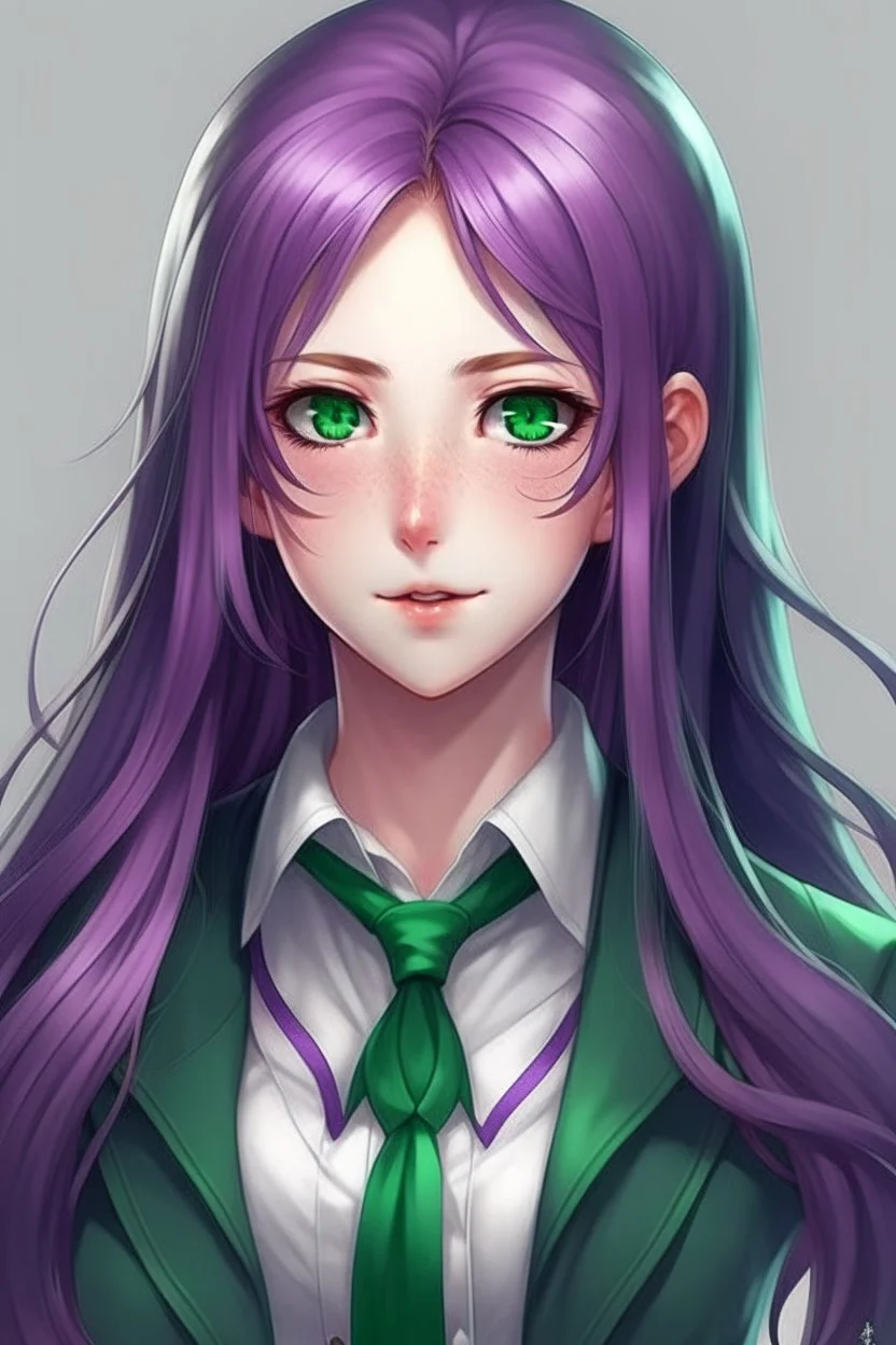 beautiful woman with green eyes and long purple hair anime realistic in a school uniform