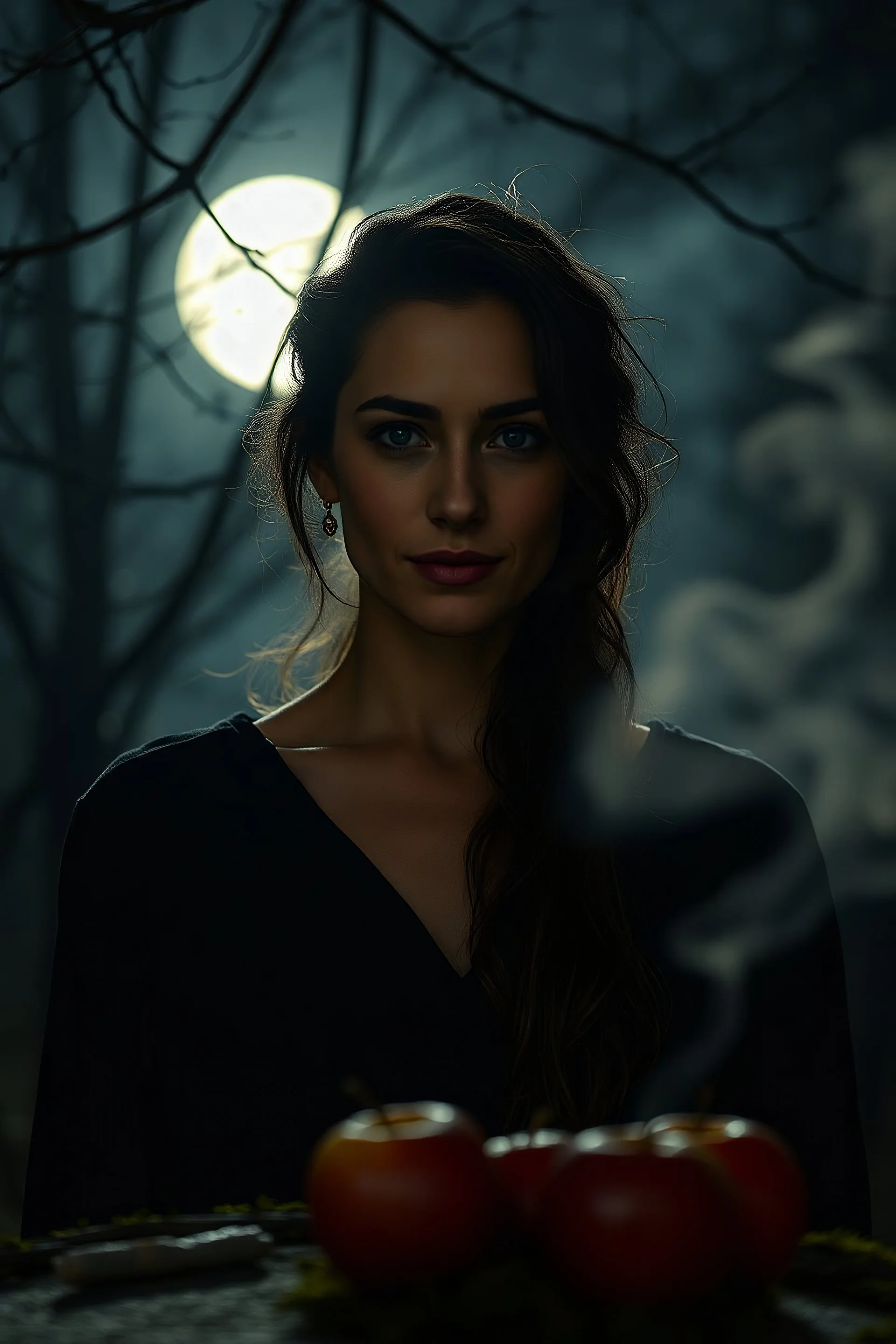 Ultra realistic cinematic portrait of a woman facing the viewer with a gentle, confident, and inviting expression. She stands in a moonlit grove at night, with a soft full moon visible through branches behind her. Mist moves slowly through the air, creating the feeling of a thinning veil. A few red apples rest on a stone or mossy surface near the edge of the frame, slightly blurred but visibly symbolic. Subtle smoke or incense trails rise in the background, as if from a quiet ritual fire. Warm l