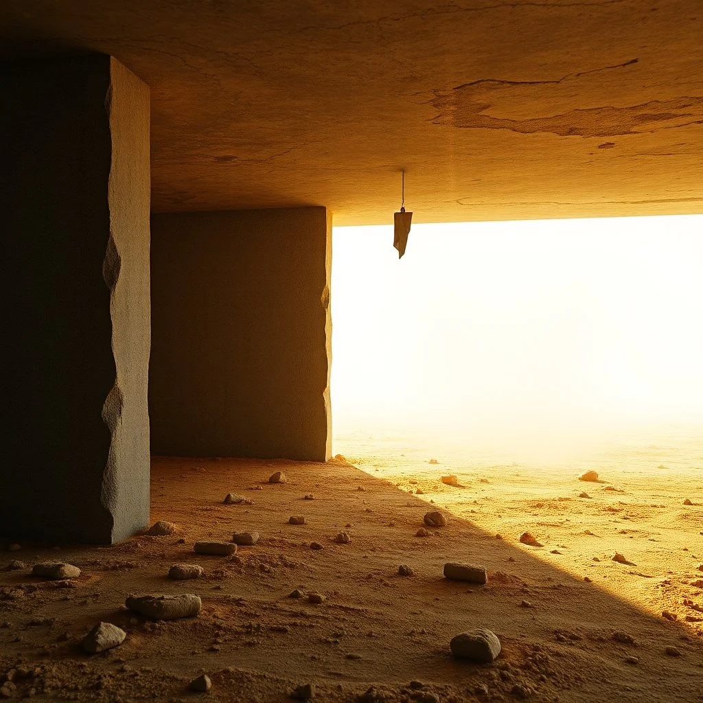 Photograph, fili, cubo, rags, struttura, daylight, brutalist, museo style, telo nero, powder, punto giallo,minimalist, details of the dust very accentuated, 8k, deep 3d field