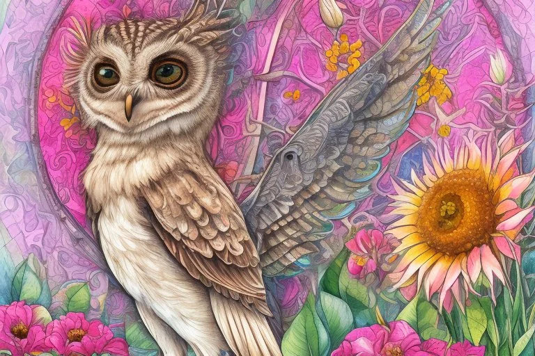 thankful praying owl girl in flowergarden in sunshine, watercolor and ink