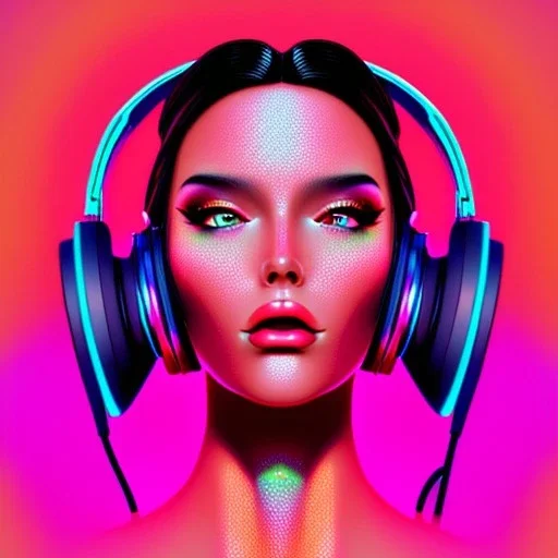 close-up of a female face with headphones in retro colors, synthwave style, 2d, digital, vector art