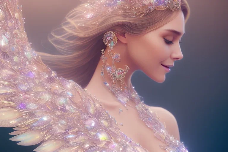 beautiful fairy very etheric, smiling, magic make up, delicate colors, transparent wings, beautiful glamour transparent dress, ultra sharp focus, 8k, unreal engine 5, extremely sharp detail, light effect, soft light atmosphere, smooth, full of details