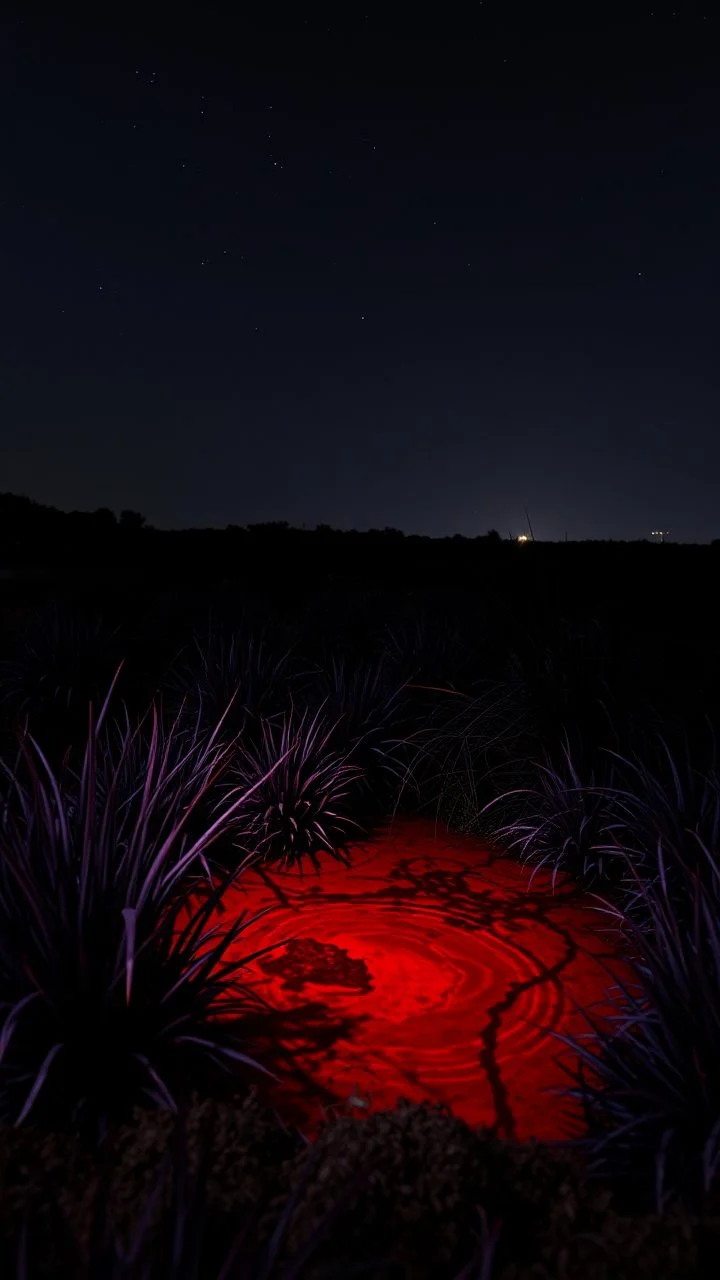 A garden with water of a red water in it a dark purple grass randomly in a starry dark night with dim lights in distance, great quality photo , cinematic and 8k photography