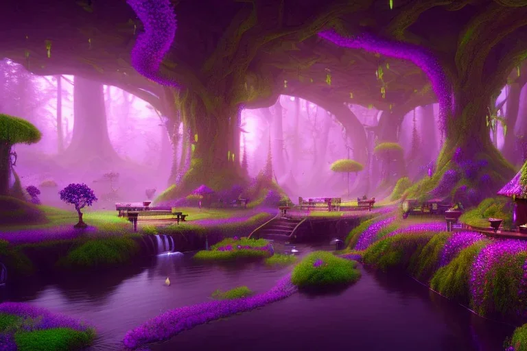 Immersive​ fantasy elven coffee shop in the deep forest green tree pink purple flower blossom river 4k full hd