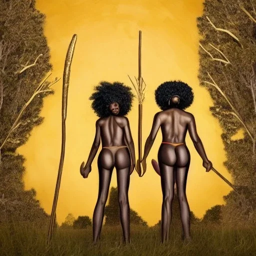 Biologically Female African American Twins, black skin, tall and slender, long afro kinky hair,big brown eyes, long eyelashes warrior wear. Big butts. Gold accents on clothing. Surround by trees. Holding golden spears. Starry night