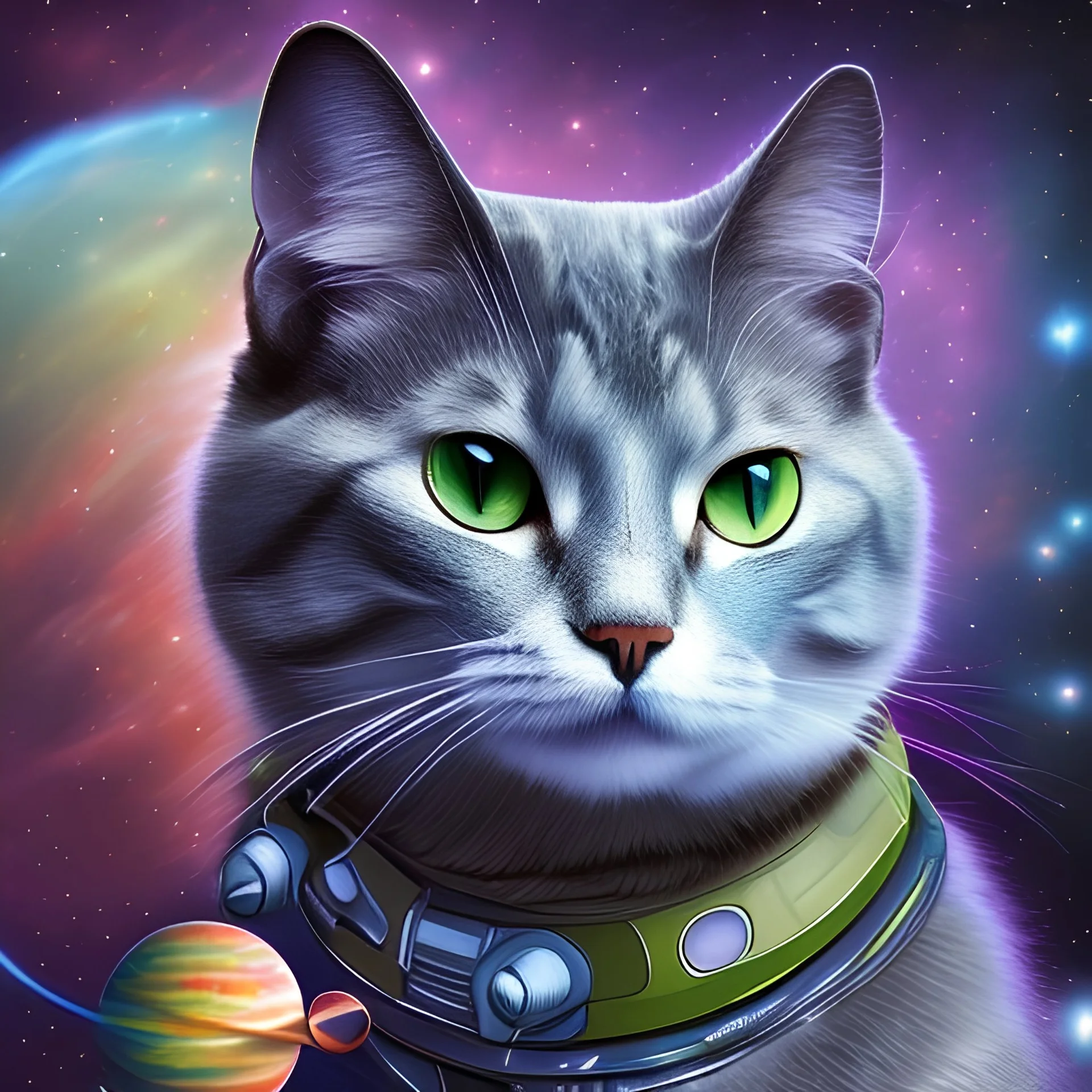 green-eyed cat among blue flowers against the background of stars, planets and galaxies