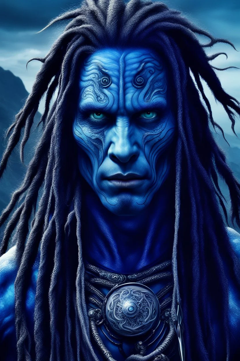 Christian bale as muscular blue skinned alien with long dreadlocks and tribal tattoos and silver whip ocean in the background realistic face, close-up, dark fantasy, smoke in the sky, intricate details, hyper detailed