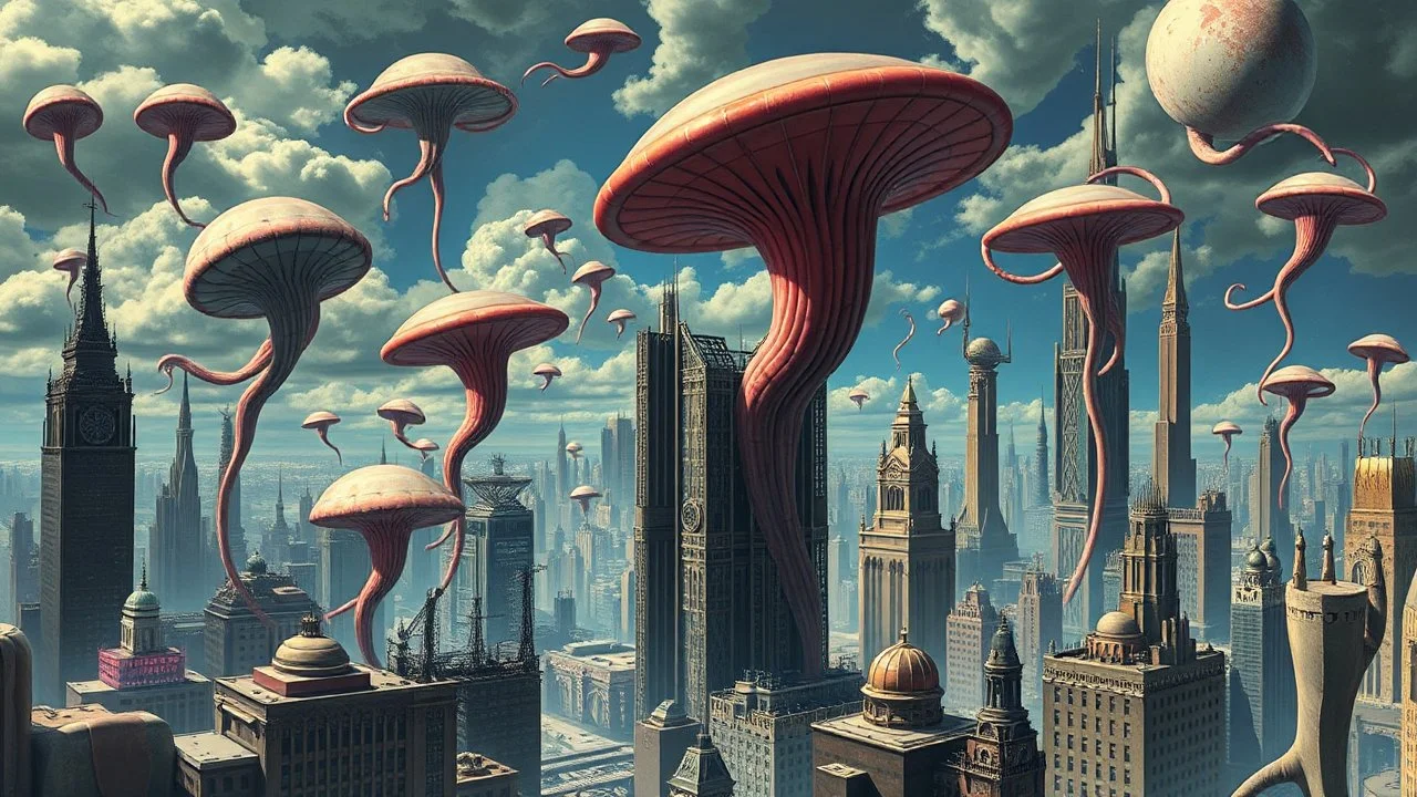 a stunningly weird image of a futuristic metropolis using Salvador Dali's paranoiac-critical method, where buildings and structures appear to melt into the skyline like melting ink. The cityscape is filled with floating medusas and mad, twisted shapes that interact with the buildings and each other, forming a surreal tableau of a dreamlike reality. Capture the essence of the scene in a cinematic manner, with dramatic shadows and vibrant colors that enhance the distorted perspectives and bizarre