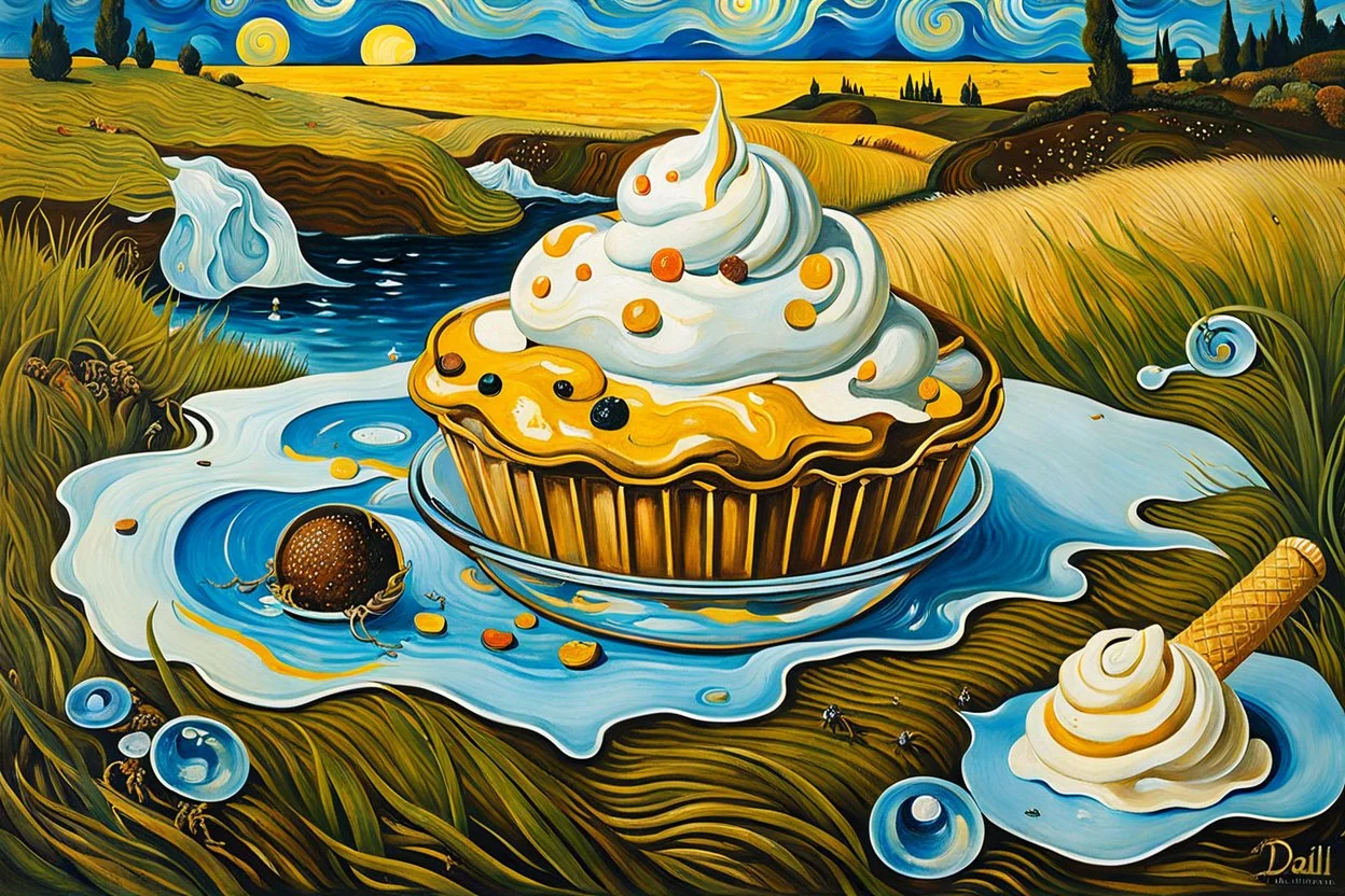 painting from lies down in the grass a Fallen Ice-cream, the dropped ice cream melting, ants crawling on ice cream , whimschical, detalied painting by Van Gogh and dali, high detailed, sharp focuses, masterpiece