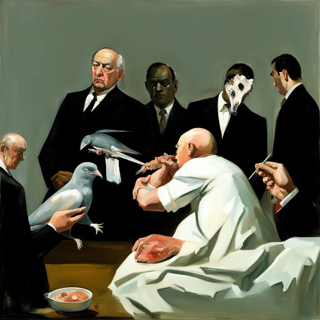 UN conference.a cat and human flesh-like surgical instruments and universe-like a pigeon and neuralink, surrealism,minimalism,Painting By Adrian Ghenie, Rene Magritte, Salvador Dali, Lucian Freud