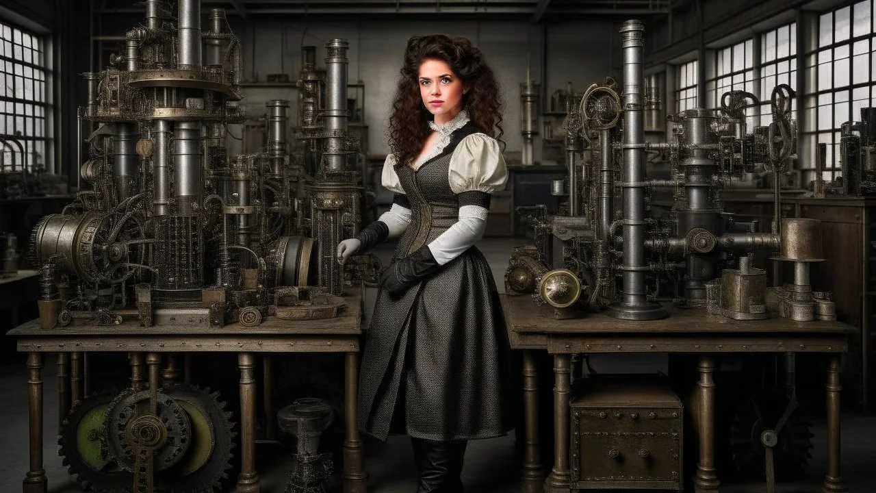 woman with dark wavy hair, with detailed metallic legs and arms, dressed like a Victorian, in a laboratory full of small machines