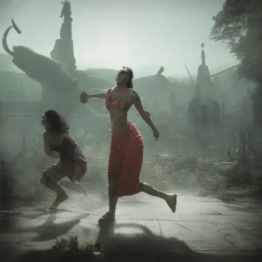 Two women skipping with a rope, demons and angry gods fight in the background, in the style of a Michael Moorcock book cover.