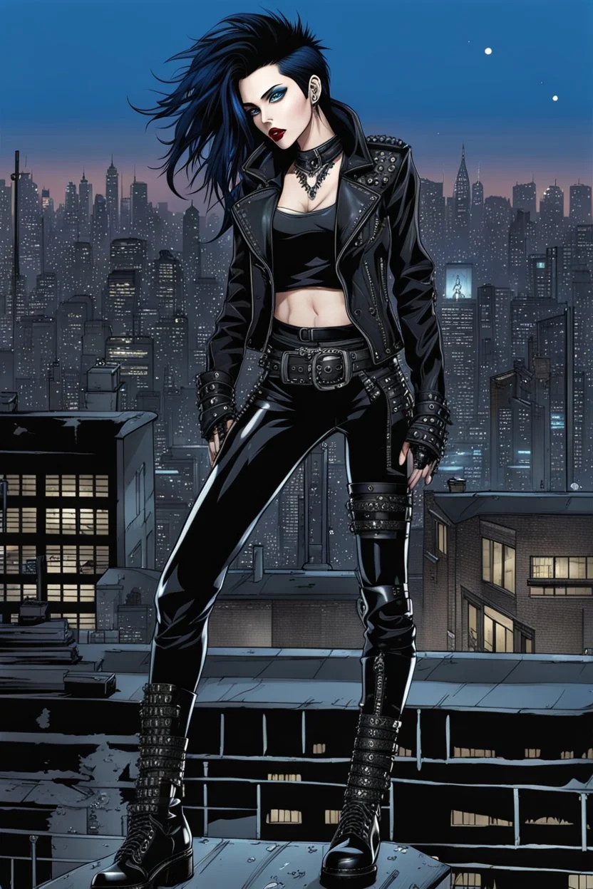 Goth_punk style,dynamic pose, full body ,((on top of a rooftop at night)), blue and black hair mix, shiny eyes, dark lipstick, goth black leather jacket with spiky decorations, blue shirt, black leather tight pants, combat boots with spiky decorations, goth black belt with spiky decorations, sharp focus, detailed, intricate detail, splash screen