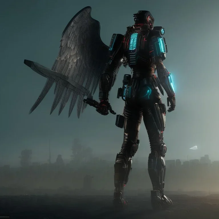 warrior angel, black wall, city, meditation, dark background, cyberpunk, 8k quality