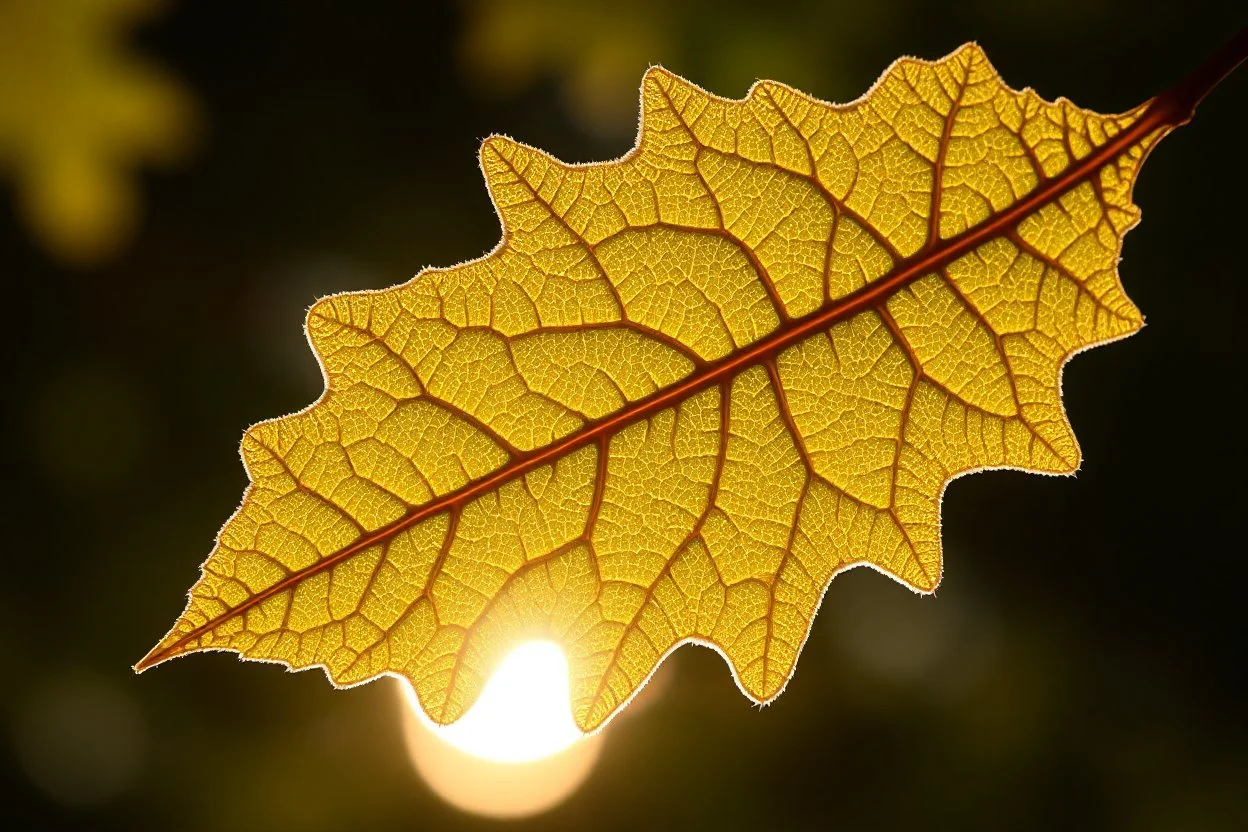 a beautiful single oak leaf with tiny fractal reticular vascular bundles caught in the light of the sun in the background, sun glare effect, perfect macro nature photography