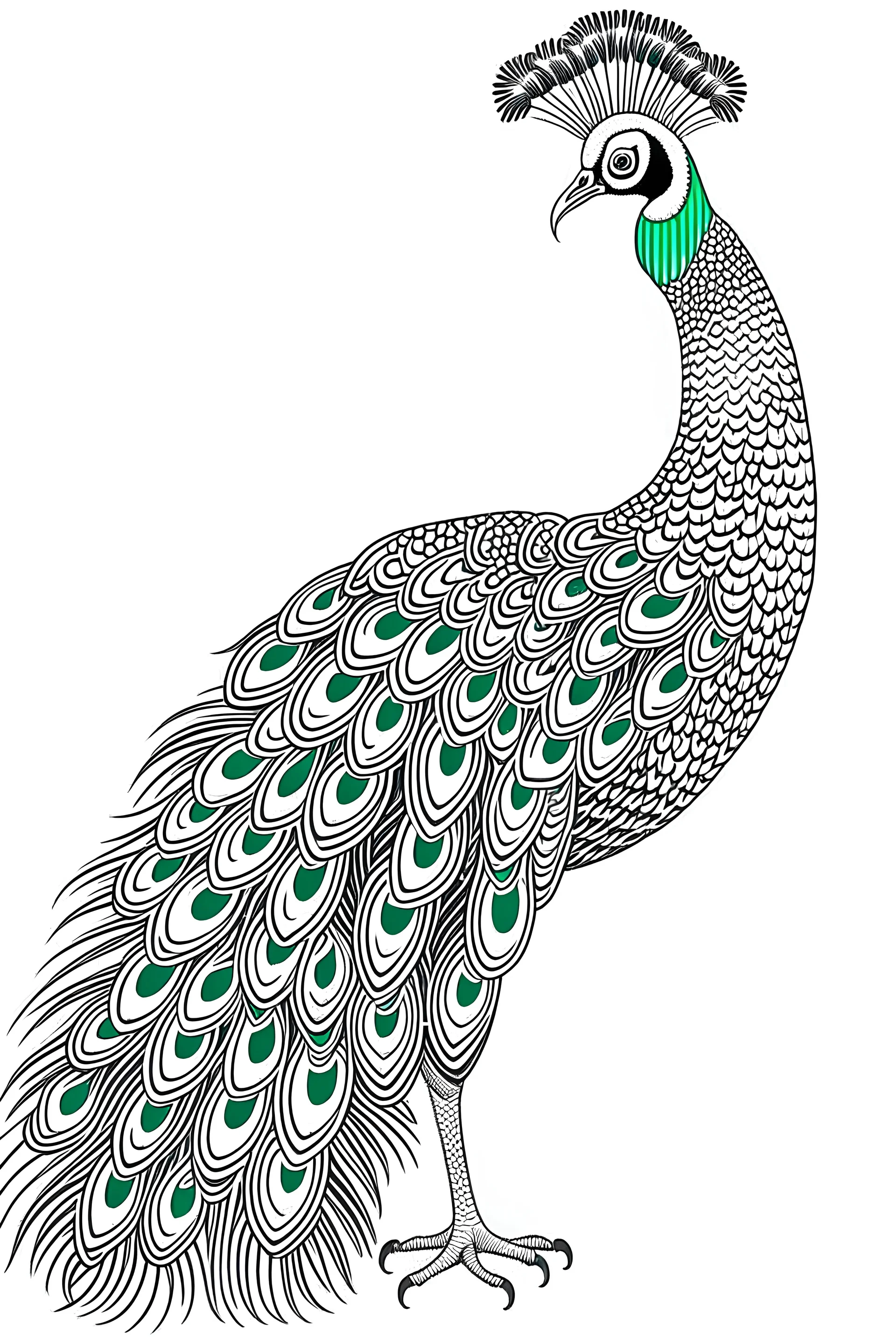 Peacock standing ((flat white background)), line art, white background style. detailed, realistis, vector, white and black color.