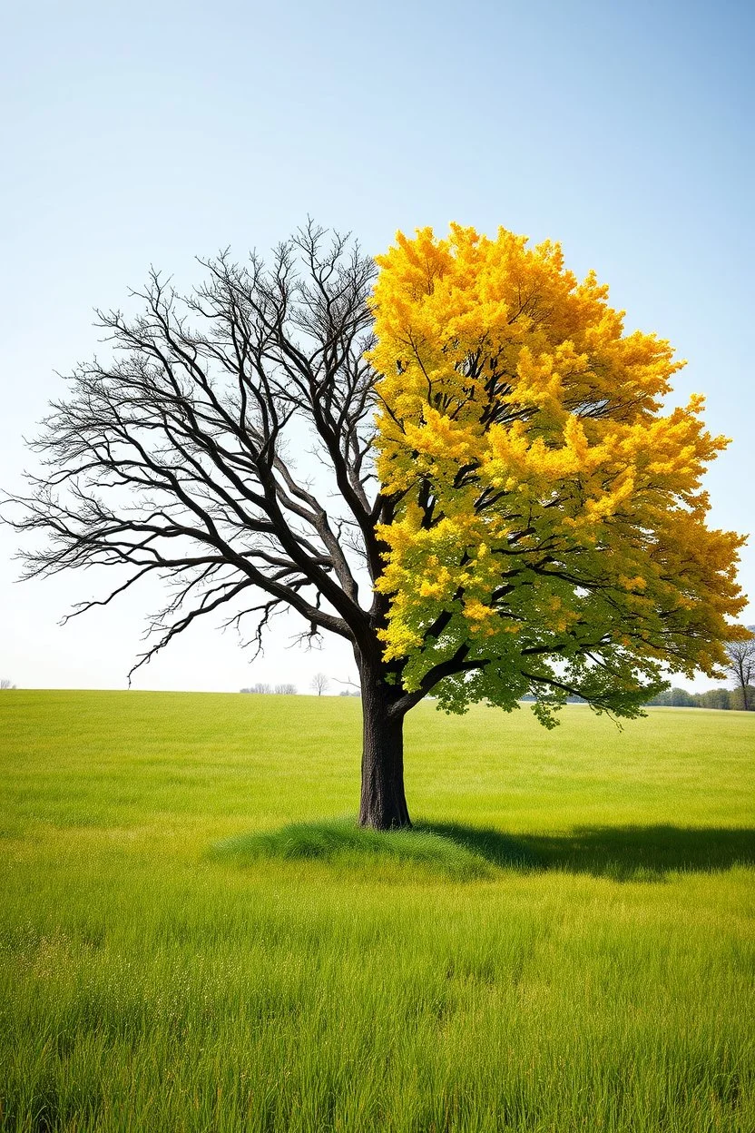 generate an image of a large tree in the middle of a field. one half of the tree represents evil. it is dark, out of focus and dead with no leaves or growth and the grass at its base appears dead. the other half of the tree represents good. it is bright, vibrant, healthy, full of leaves. the background should be a normal, average outdoor field. the theme is polarity and good vs. evil