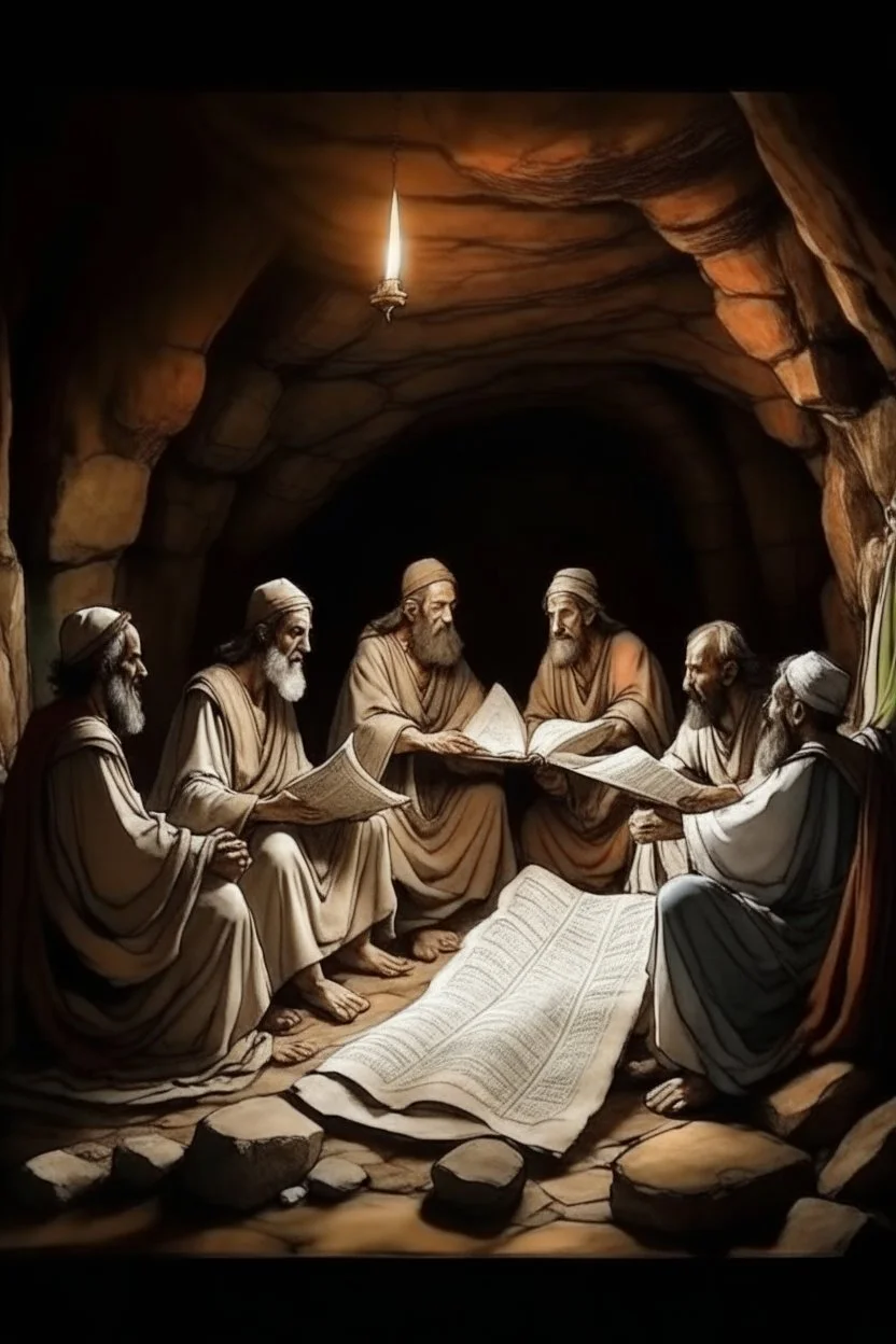 Several Christian priests of the 1st century AD are sitting in a cave and actively arguing and gesticulating, each holding a scroll of Ancient Scripture, many ancient scrolls are lying on a wooden table in front of them, everything is written in watercolor in high resolution, in 8k.