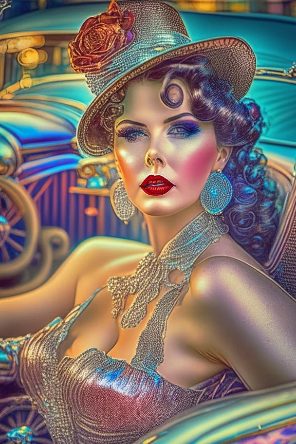 masterpiece, stunning photography of a gorgeous lady, sultre elegance, 00s pinup, intricate, highly detailed, glittering cabriolet in the background, intricate and detailed background in 1900s. style, vibrant colors, volumetric lighting, style of a 1900s, classic pinup style, by Joyce Ballantyne Brand, David Klein, Stan Calli, Saul Bass, , highly intricate, highly detailed, cinematic, hyperrealism, photorealism, photo realistic, hard focus, smooth, depth of field