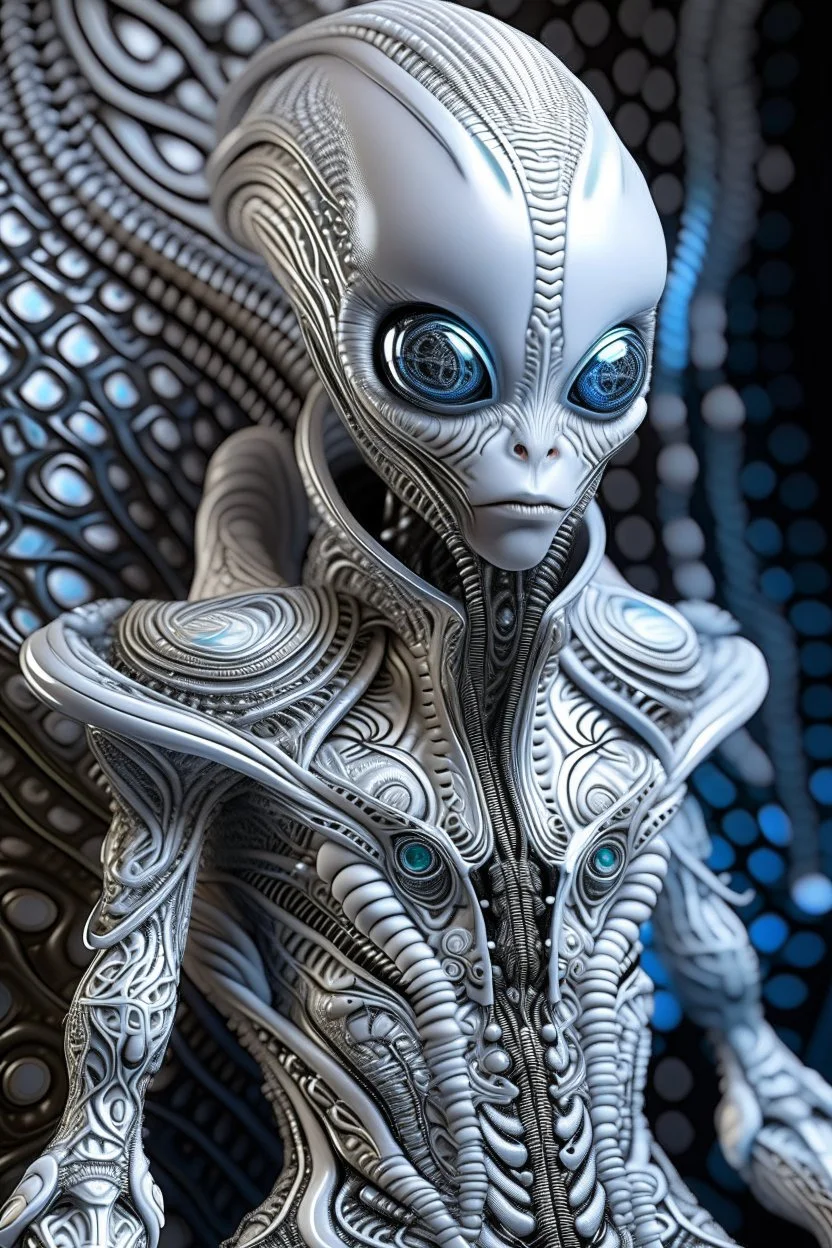 A beautiful alien with big eyes and small nose and mouth wearing a bioluminescense white zafír wearing biomechanical amalgamation style leather jacket dress ribbed with silver floral metallic filigree biomechanical vantablack pattern, organic bio spinal ribbed detail of gothic winter backround extremely detailed maximalist hyperrealistic portrait art