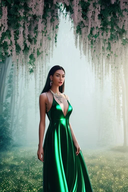 hyper realistic, ultra detailed photograph of a woman, happy, white gold jewelry, very nice dark green velvet dress ,standing fashion pose ,pretty high heels,full body shot,shiny, sunlight godrays, depth of field, HOF, hall of fame, detailed gorgeous face, apocalyptic environment, natural body posture, professional photographer, captured with professional DSLR camera, trending on Artstation, 64k, ultra detailed, ultra accurate detailed, bokeh lighting, surrealism, Thomas Kinkade background, urba