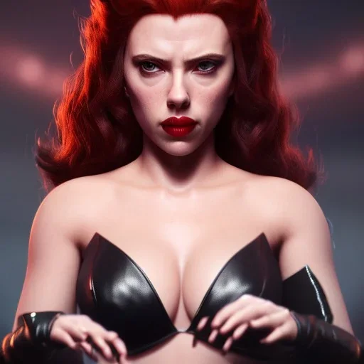 Scarlett Johansson as evil queen in black leather gown, cleavage, angry, stern look unreal 5, octane render,cinema4d, dynamic lighting, dramatic lighting, 4k, redshift render, highly detailed, hyper realistic, in space