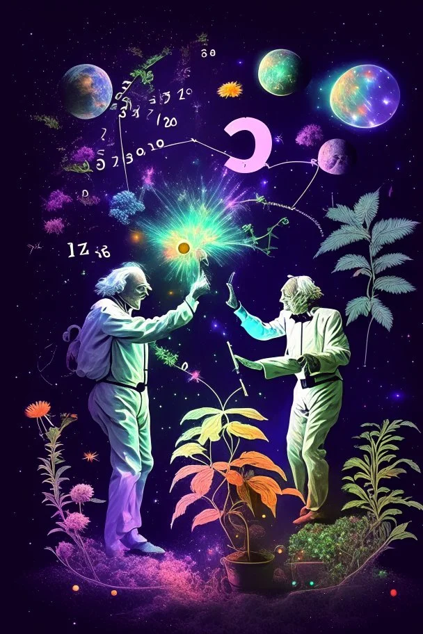 Albert Einstein and Richard Feynman playing with numbers in outerspace with plants, cosmic gas, stars, moons, and comets dancing around them