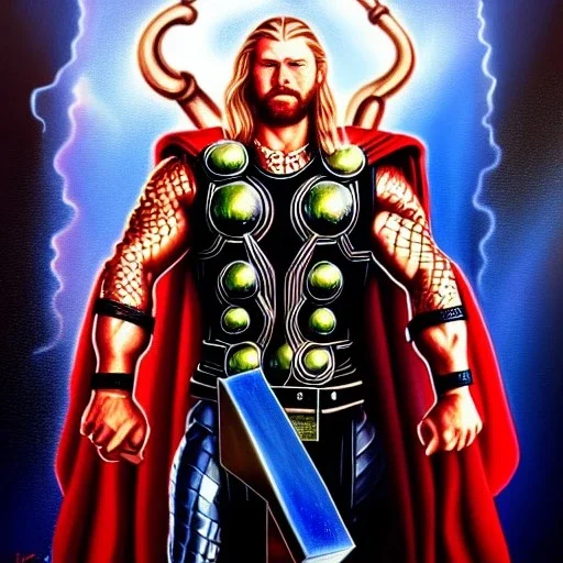 ultra detailed fullbody portrait in oil of Thor with mjolnir, extremely detailed digital painting, extremely detailed face,crystal clear eyes, in the style of Keith Parkinson and Ohrai Noriyoshi and Ken Kelley robert e howard and pablo oliveira , mystical colors, perfectly centered image, perfect composition, rim light, beautiful lighting,8k, stunning scene, raytracing