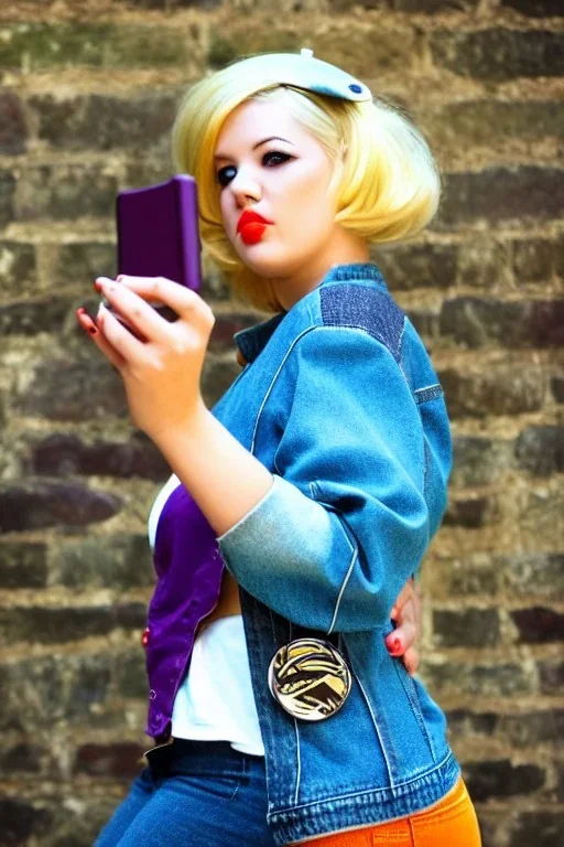 blonde taking selfie.thick thighs,thick calves,flat belly,curvy fell. New kind of bolero is sewed of upcycled Denim, which condescends with integrated bag[SIC]. It is sewed together of camouflage pieces, whose color are all denim colors, orange, cream and purple. Big colored headphones (gold rings!) is merged with small felt cap with small visor. It is with big bright purple felt tippet and birght-colored-hood is merged with colorful beanie. Style: Haute Couture, 1980's Finland, N.Y.C fashion