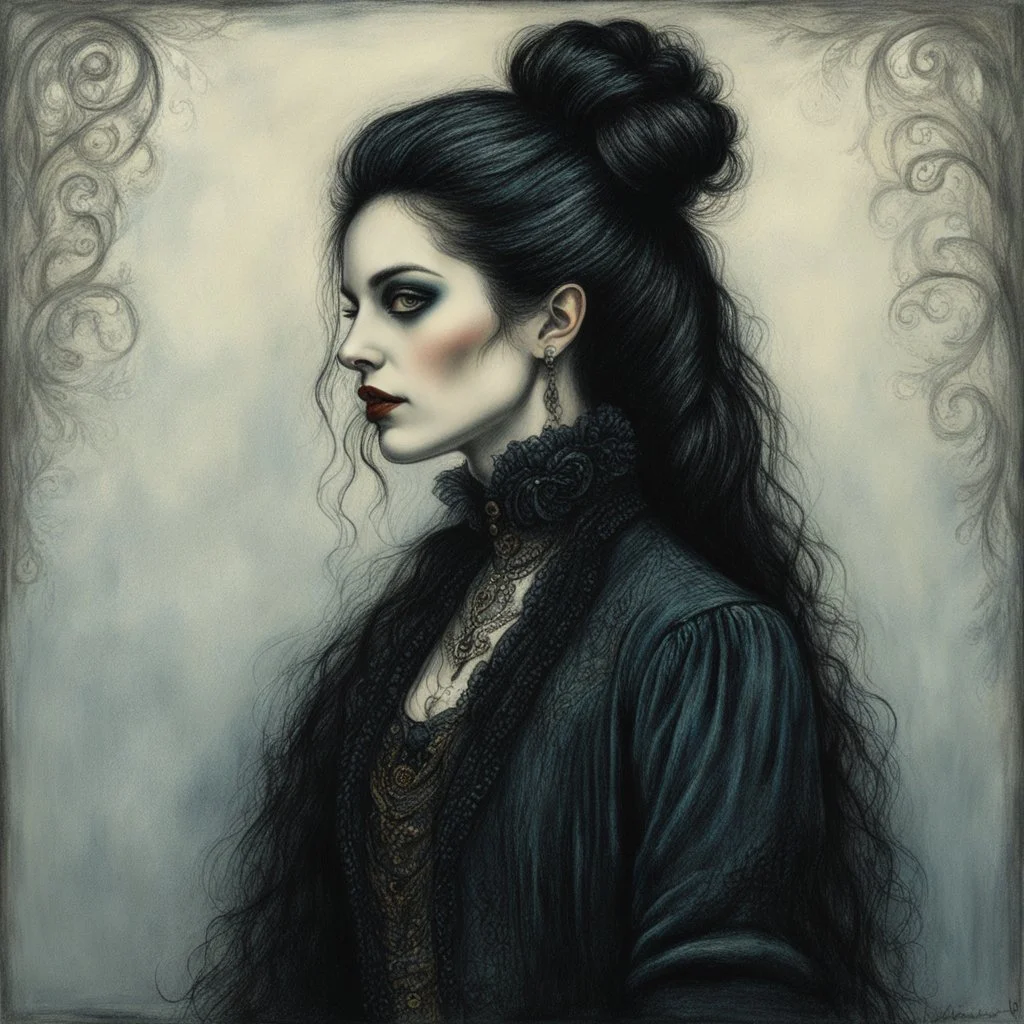 create a 3/4 profile, full body oil pastel of a dark haired, savage, ornately dressed, gothpunk vampire girl with highly detailed , sharply defined hair and facial features , in a foggy 19th century Moscow, in the style of JEAN-FRANCOIS MILLET