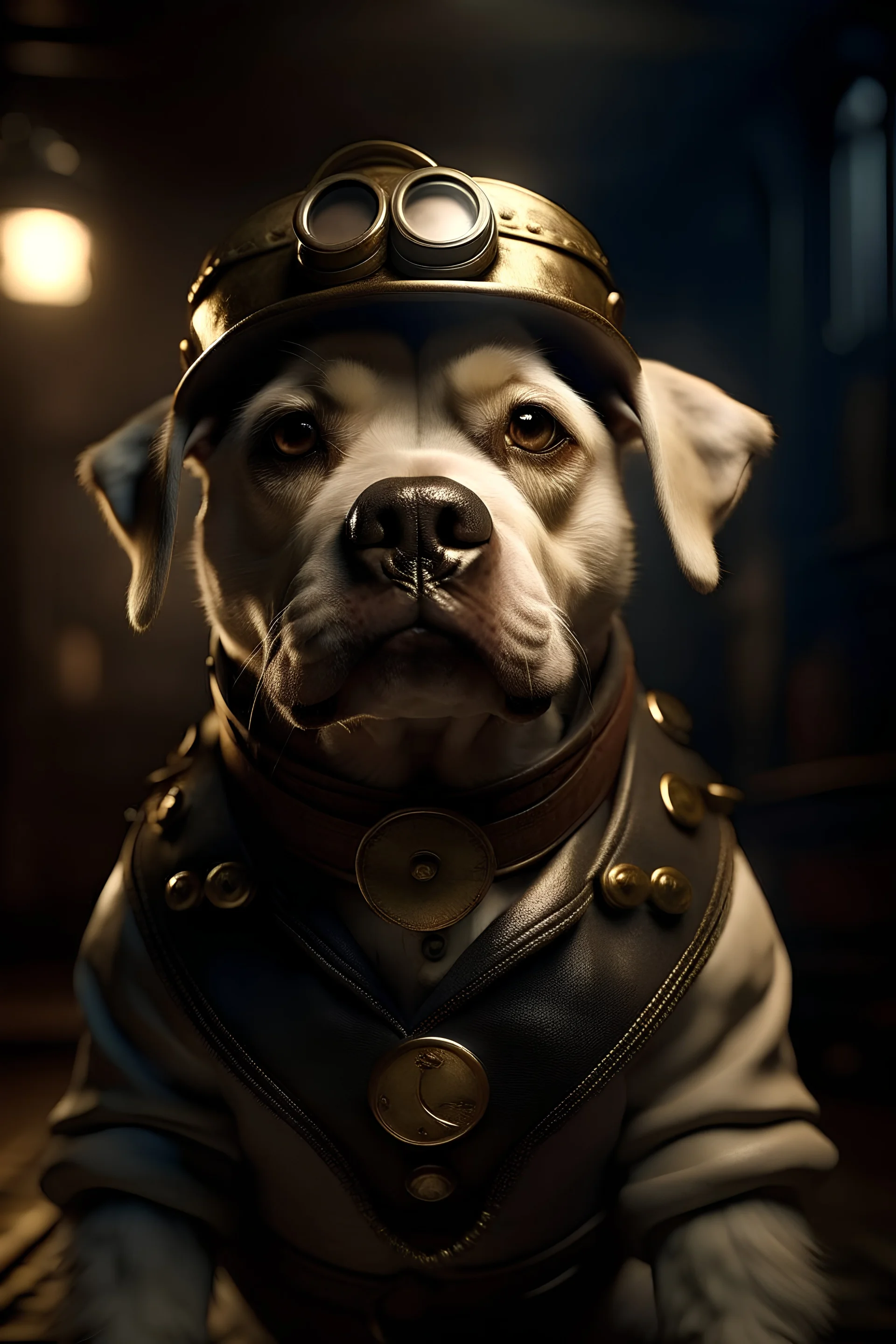 Steampunk dog with angry face, sharp eyes, a little army wears suit and white sneakers, dramatic lighting, matte painting, highly detailed, cgsociety, hyperrealistic, --no dof, --ar 2:1