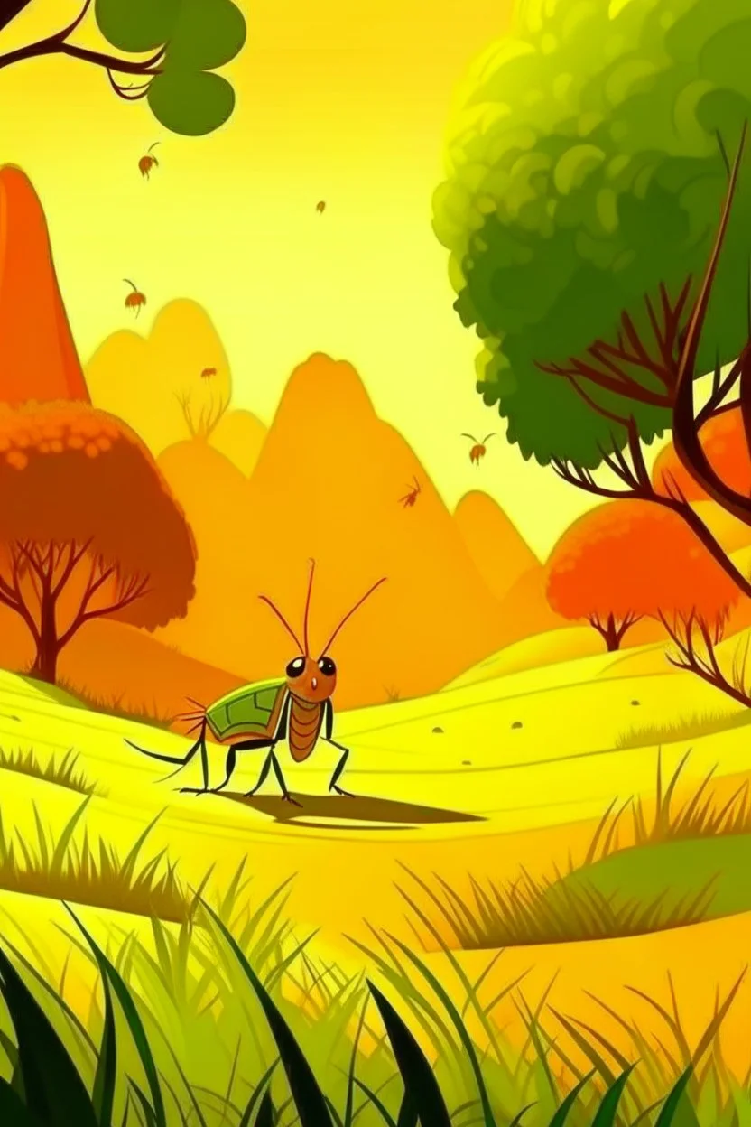 Trees，Warm color palette，Animation，The grasshopper stood on the rice field