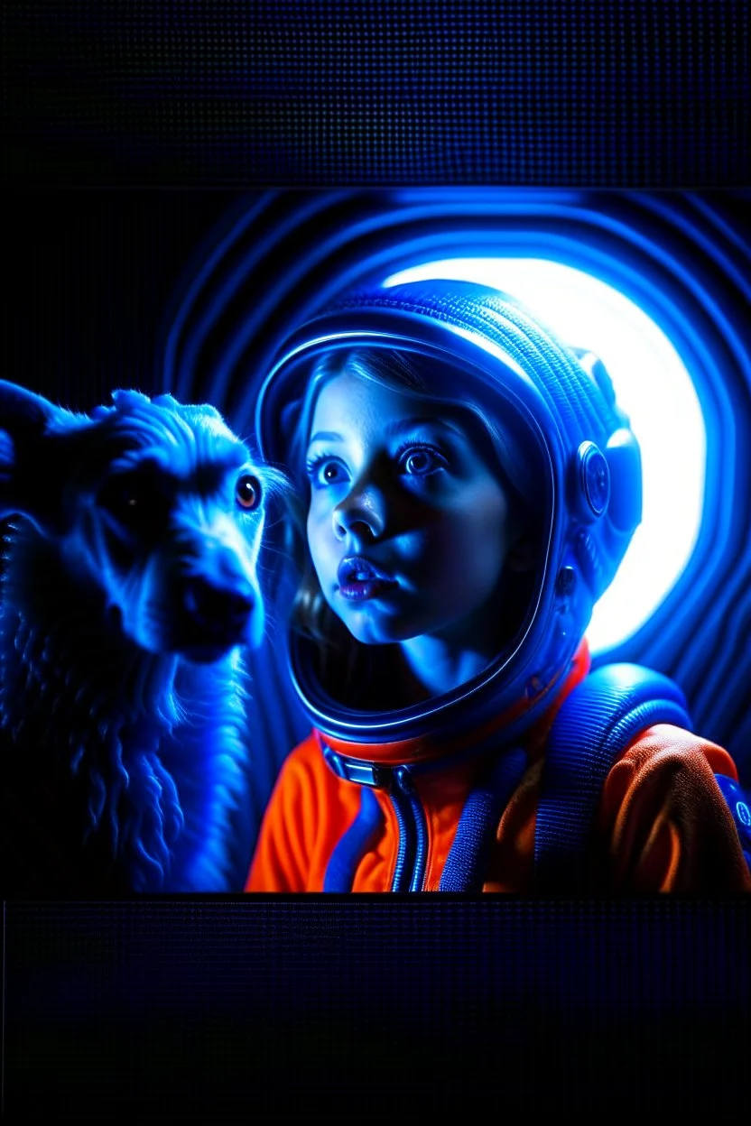 portrait of dog on a karate girl in the style of giger, spraypaint, photorealism, trending on artstation, 8k, depth of field, downlight, lightrays, volumetric, white hall in spaceship, blue and orange