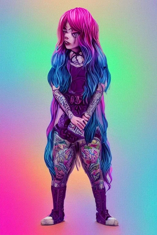 isometric clean art of super beautiful lady, soft lighting, soft pastel gradients, military insignia tattoo on left breast high definition, blender 3d, beautiful, long hair, rainbow hair, rainbow dress, slitted eyes, pointed ears, volumetric photorealistic rainbow gouache background