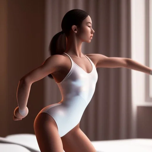 Beautiful gymnastic Girl pose on bed,photorealistic, shiny skin,8k resolution, ultra detailed, rendered, unreal engine 5