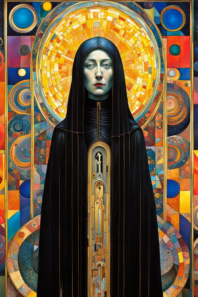 Create chaotic abstract cubist full body religious triptych depicting a martyred Gothpunk Saint Hildegard of Bingen , with highly detailed facial features, in the style of Bill Sienkiewicz, Philippe Druillet, Gustav Klimt, and Jean Giraud Moebius, precisely drawn, colored and inked