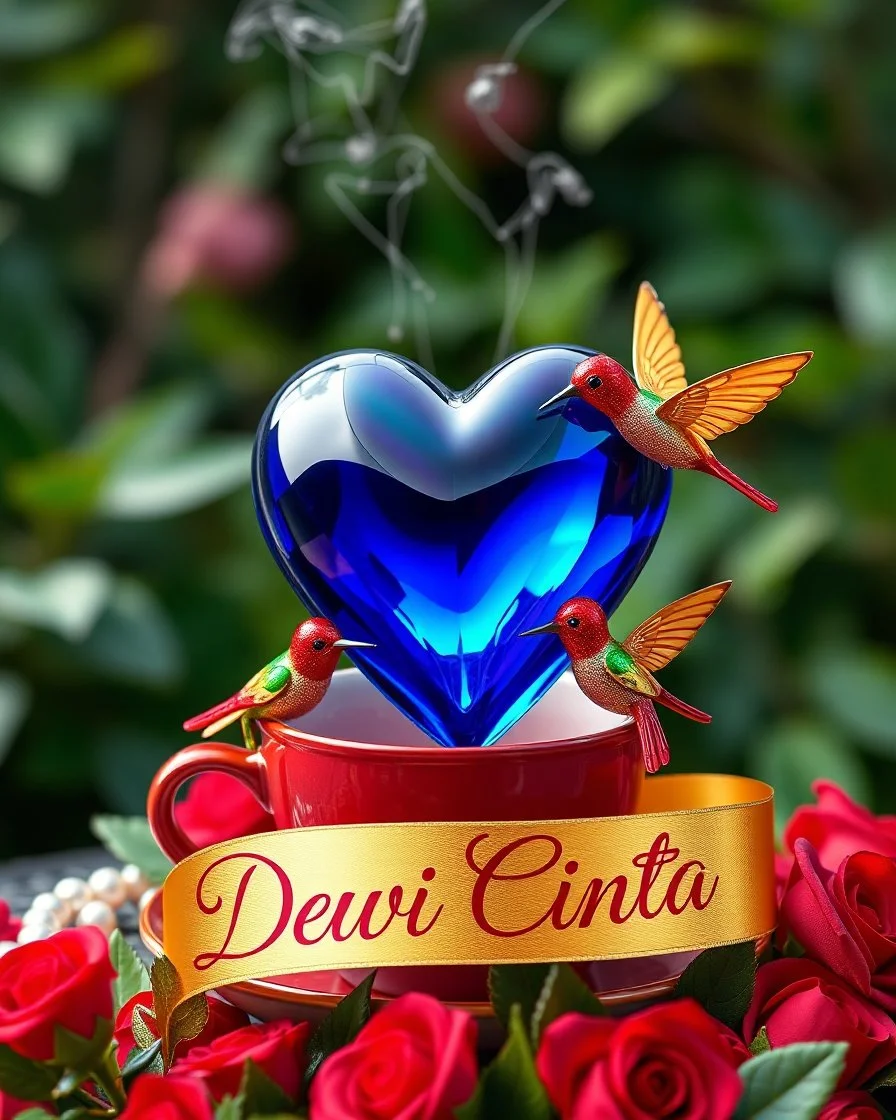 realistic image of a shiny deep sapphire blue heart, colorful pearls, colorful glass, colorful glass humming birds, near a red coffee cup with steam, red roses under a shiny golden ribbon that mini logo name details text "Dewi Cinta" in cursive letters, lush green garden background, ultra HD 64k resolution hyperrealism cinematic photography, sharp focus