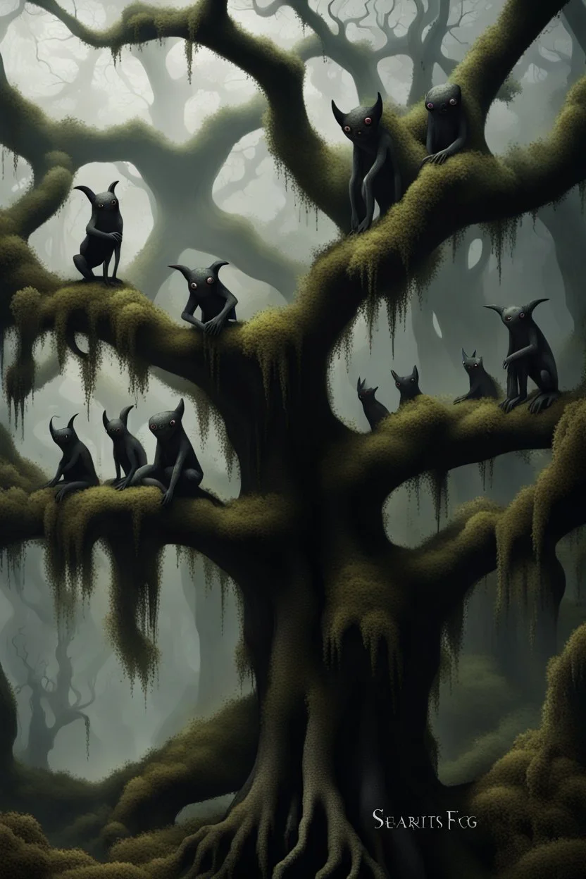 A group of black dark creatures hanging upside down from a tree without leaves . The tree skin is covered in moss and lichen, allowing it to blend seamlessly into its surroundings. Dark cave Spirits feed on the energy of trees and can create thick fog to confuse their victims.