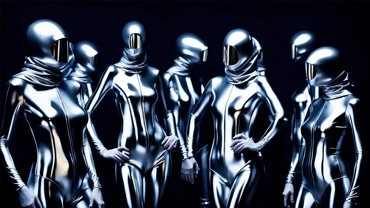 Hyperrealistisch dutzende Frauen völlig verhüllt von hermetischen silber glänzendem Ganzkörper-Zentai mit geschlossenem undurchsichtig verspiegeltem Visier in identischen silberfarbenen, geschlossenen Helmen stehen doppelreihig Spalier