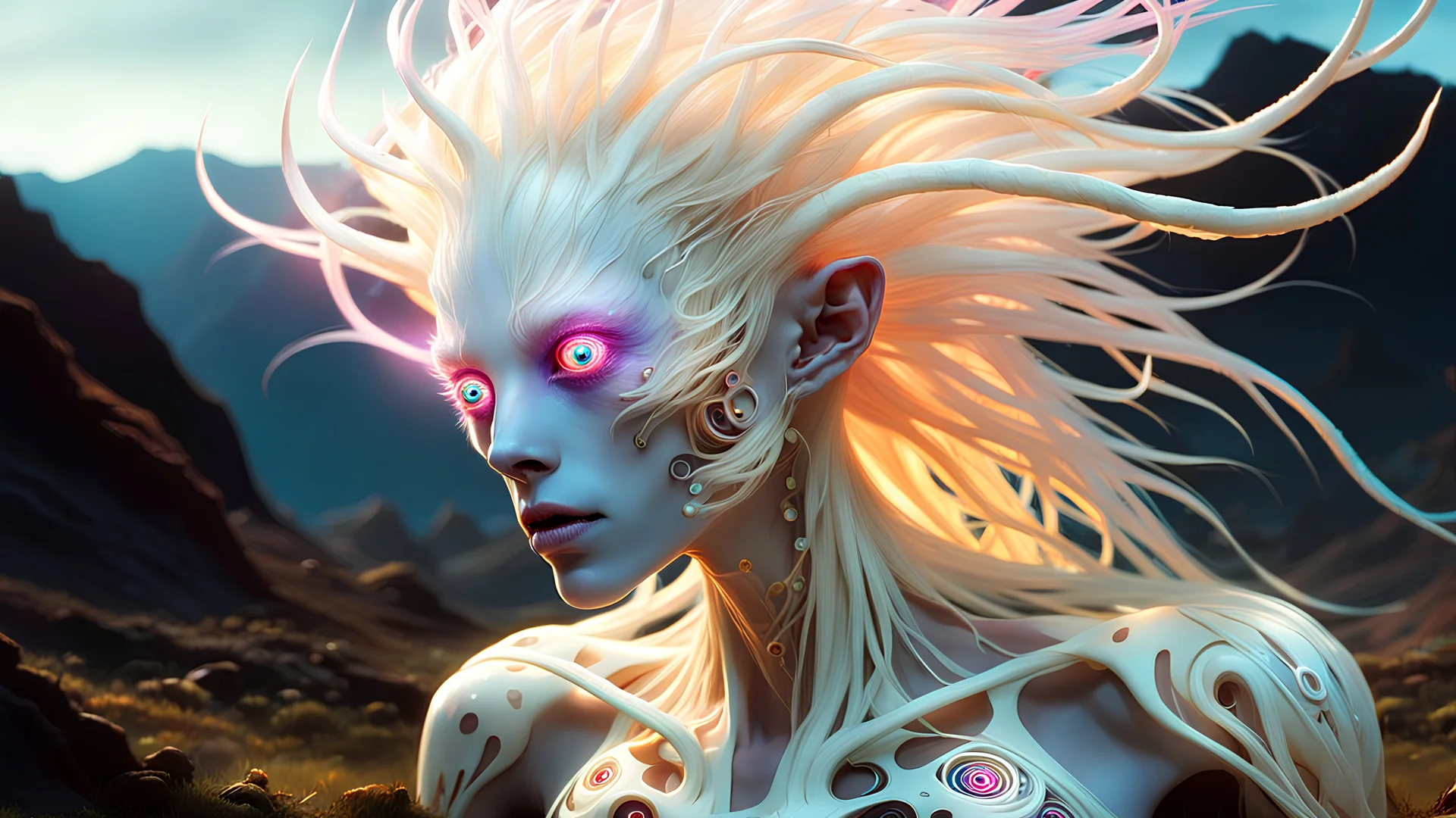 A surreal visualization of a bizarre, extremely thin, translucent albino mutant humanoid, more creature than human, with strange, glowing, colorful pustules growing out of its skin, huge luminous eyes, and chaotic shimmering hair decorated with bits of bone and teeth, its long, slender body clothed in bits and pieces of the landscape it lives in, on a dimly lit, nuclear wasteland background with strange, colorful, bioluminescent plants and otherwordly insects at night, art style of Tim Burton