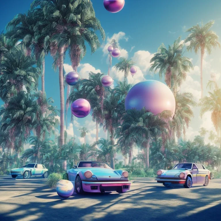 1980's aesthetic vaporwave palm trees and spheres and Porsche