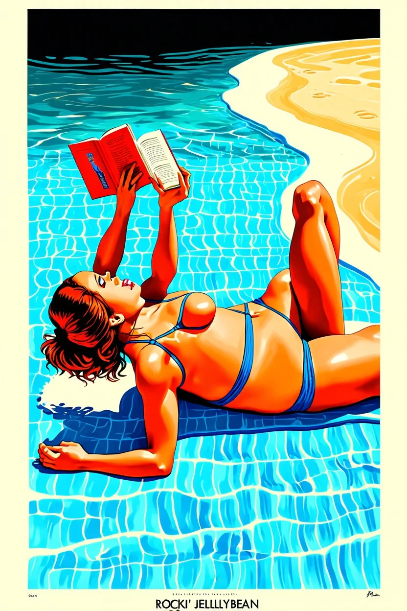 beautiful girl in a bikini and t-shirt laying on her stomach while a beach towel while reading a book, silkscreen poster by artist Rockin' Jellybean
