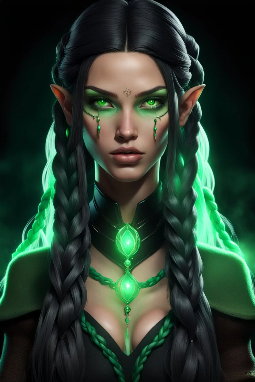 Hexblood warlock female. Lightly tanned skin. Long, thick, silky jet-black hair reaching her waist, with a center part and two loose Dutch braids starting at her temples, flowing into the rest of her straight hair. A few soft strands frame her face. Bright glowing pale emerald-green eyes. Delicate facial features, full lips, high cheekbones and a soft mischievous smile. Subtle dark vine-like markings across her neck and collarbone.
