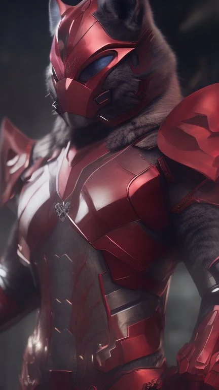 Iconic Cat-Man, red and silver, ultra-detailed armor, cat with eye mask, anime, dynamic shot, richly saturated colors, full height, arms, legs, footwear, cinematic backlighting, hyper-realism, unparalleled detail, 8K, concept art, intricate textures , timeless masterpiece, enhanced AI, GAN, depth of field, neural network,