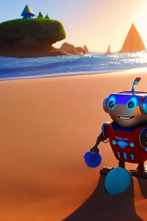 The robot and the moose on the beach happily making sandcastles in the sun, art by Pixar and Dreamworks