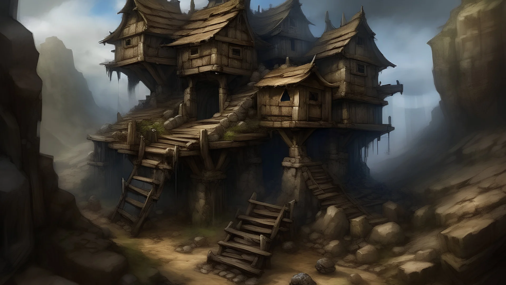 A hobbled together goblin fortress, abandoned, falling apart, fortifies, wooden walls, decrepit structures, rocky terrain, realistic, medieval, painterly