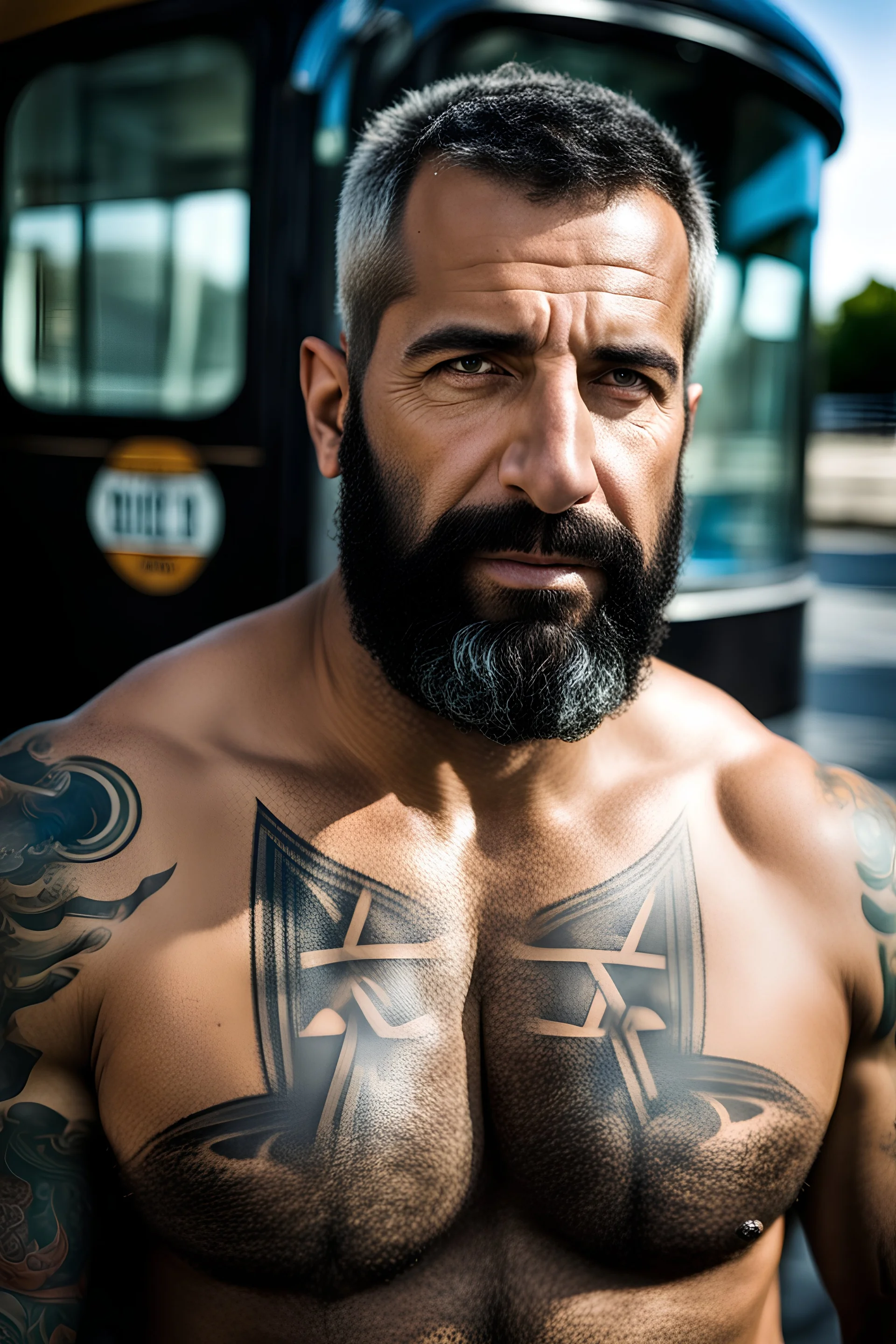 half figure photography of a 44 year old stocky burly arab , shirtless, bulging shorts,at a bus stop, hands on the fap, big shoulders, hairy chest, tattoo, very virile, short beard, short hair, side light, in a sunny street, photorealistic